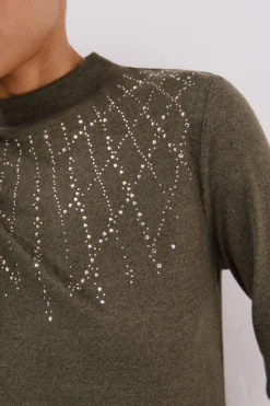 Cortefiel Camiseta con detalle strass Verde Clearance