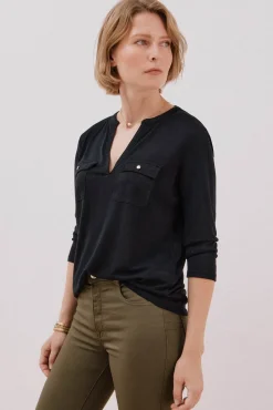 Cortefiel Camiseta cuello mao efecto lino Negro Outlet