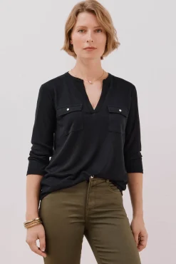 Cortefiel Camiseta cuello mao efecto lino Negro Outlet