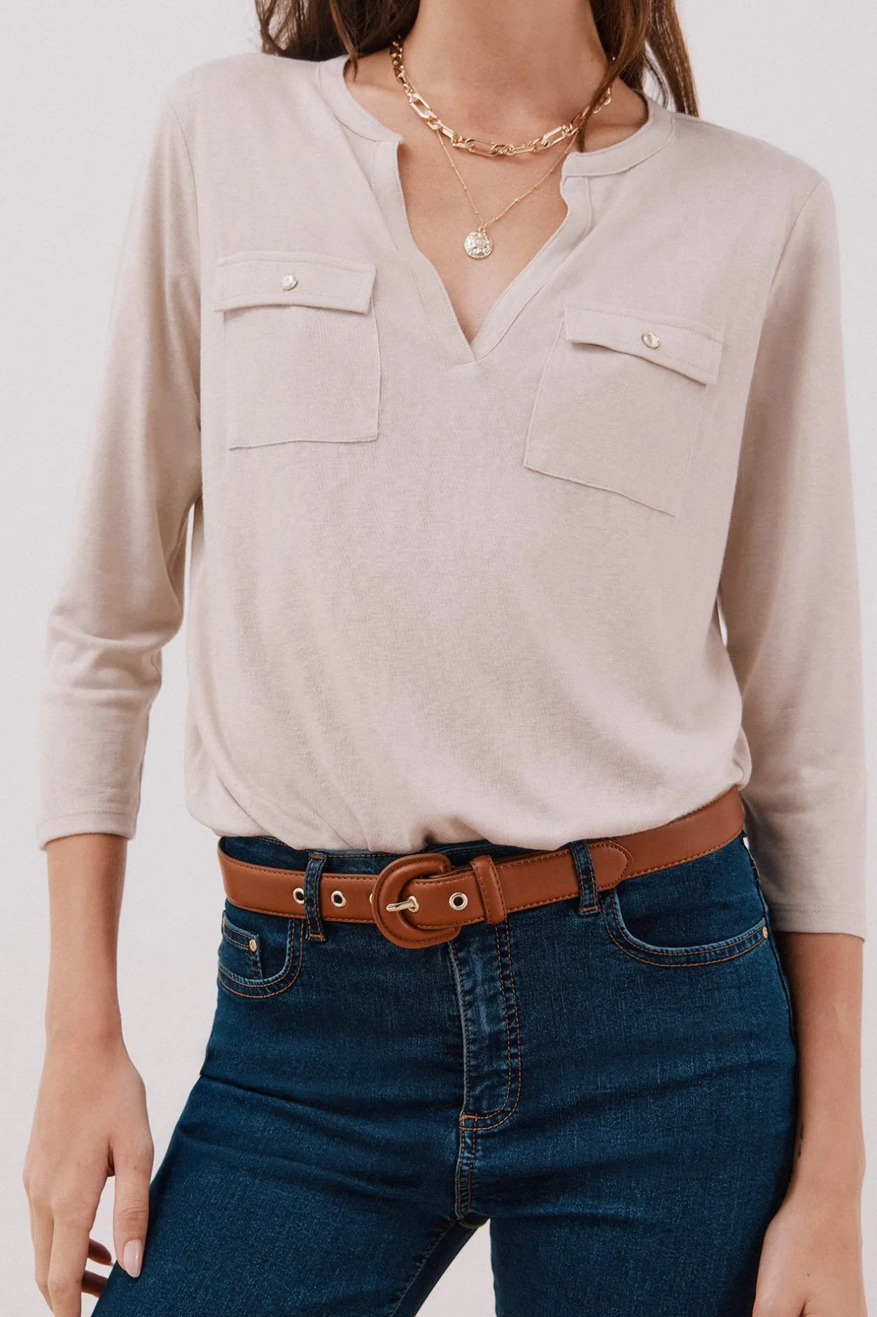 Cortefiel Camiseta cuello mao efecto lino Beige New