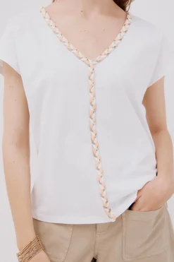 Cortefiel Camiseta cuello pico trenza Blanco Best