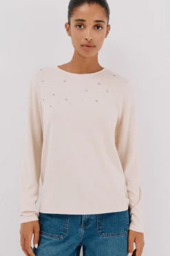 Cortefiel Camiseta detalle perlas y strass Marfil Online