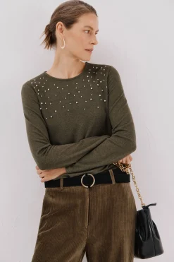 Cortefiel Camiseta detalle perlas y strass Kaki New