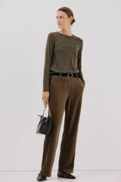 Cortefiel Camiseta detalle perlas y strass Kaki New