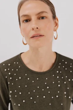 Cortefiel Camiseta detalle perlas y strass Kaki New