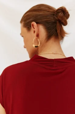 Cortefiel Camiseta estamapda escote pico fruncido Granate Discount