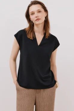 Cortefiel Camiseta estamapda escote pico fruncido Negro