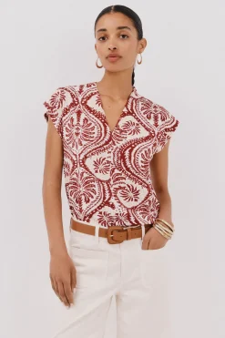 Cortefiel Camiseta estamapda escote pico fruncido Estampado granate Best