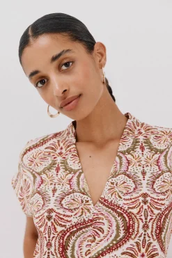 Cortefiel Camiseta estamapda escote pico fruncido Multicolor New