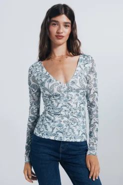 Springfield Camiseta gasa escote frunces estampada blanco Discount