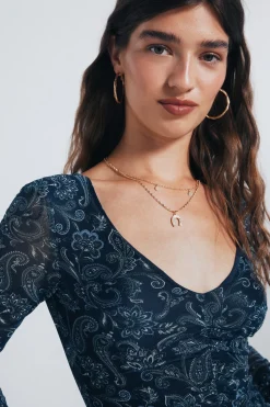 Springfield Camiseta gasa escote frunces estampada azul Outlet