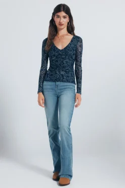 Springfield Camiseta gasa escote frunces estampada azul Outlet