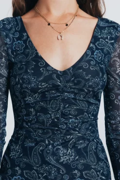 Springfield Camiseta gasa escote frunces estampada azul Outlet