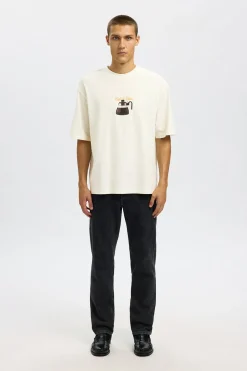 Selected Camiseta manga corta con print 100% algodón orgánico Blanco Sale