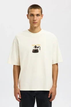 Selected Camiseta manga corta con print 100% algodón orgánico Blanco Sale