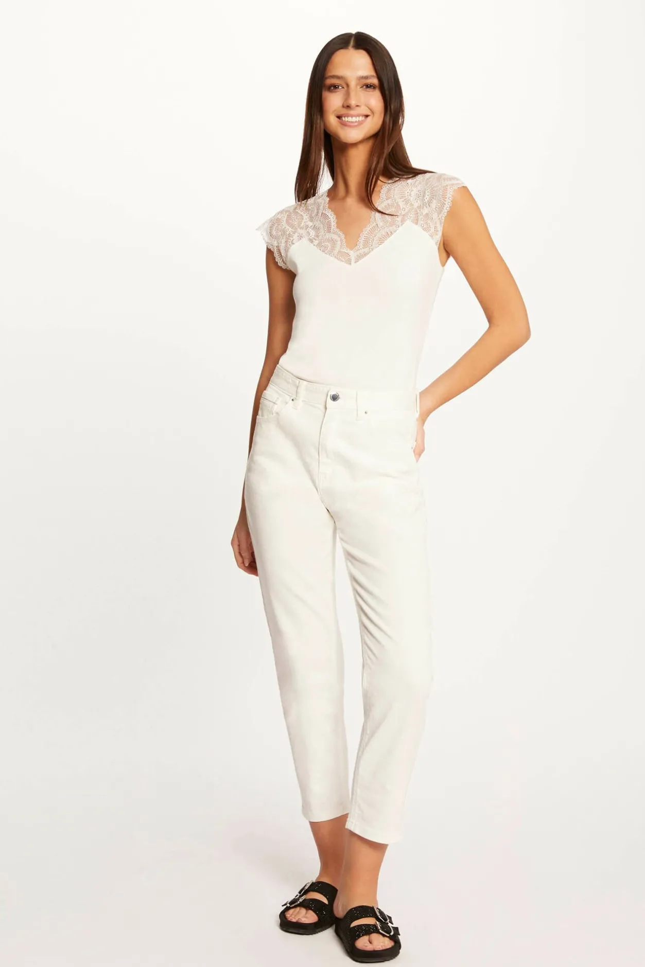 Morgan Camiseta manga corta con encaje Blanco Hot