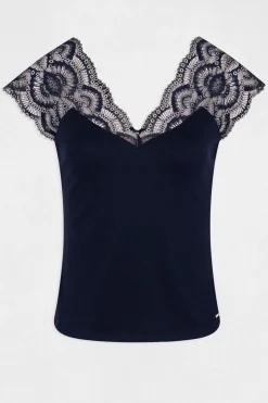 Morgan Camiseta manga corta con encaje Azul marino Outlet