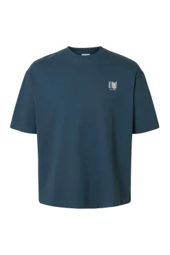 Selected Camiseta manga corta estampado contraste Azul marino Discount