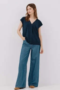 Cortefiel Camiseta pico con detalle puntilla Azul marino Clearance