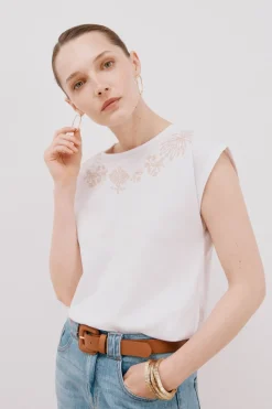 Cortefiel Camiseta sin mangas estampada y bordada Blanco Outlet