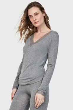 Gisela Camiseta termal cuello pico con encaje gris Discount
