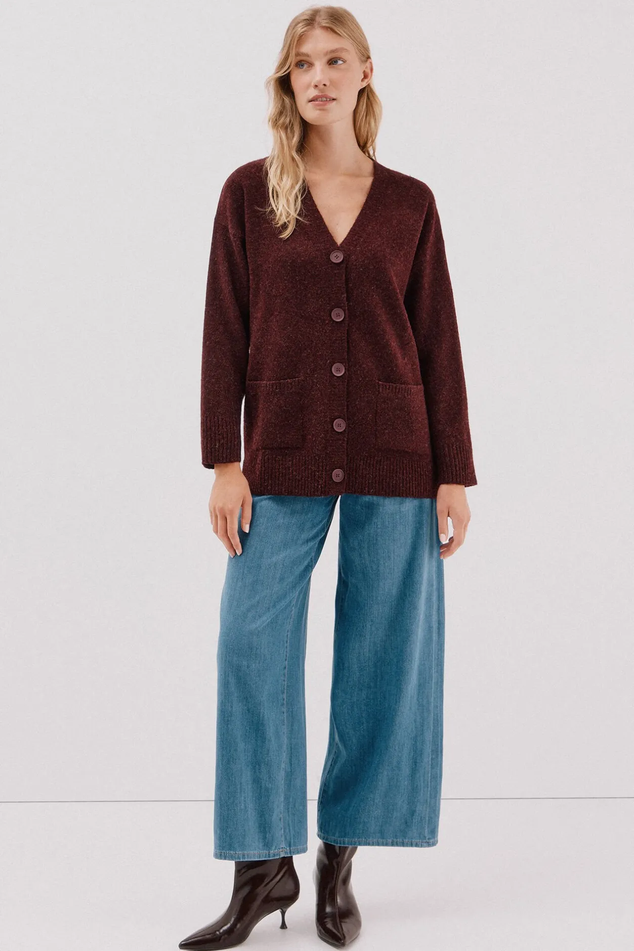 Cortefiel Cardigan largo bolsillos Vino Hot