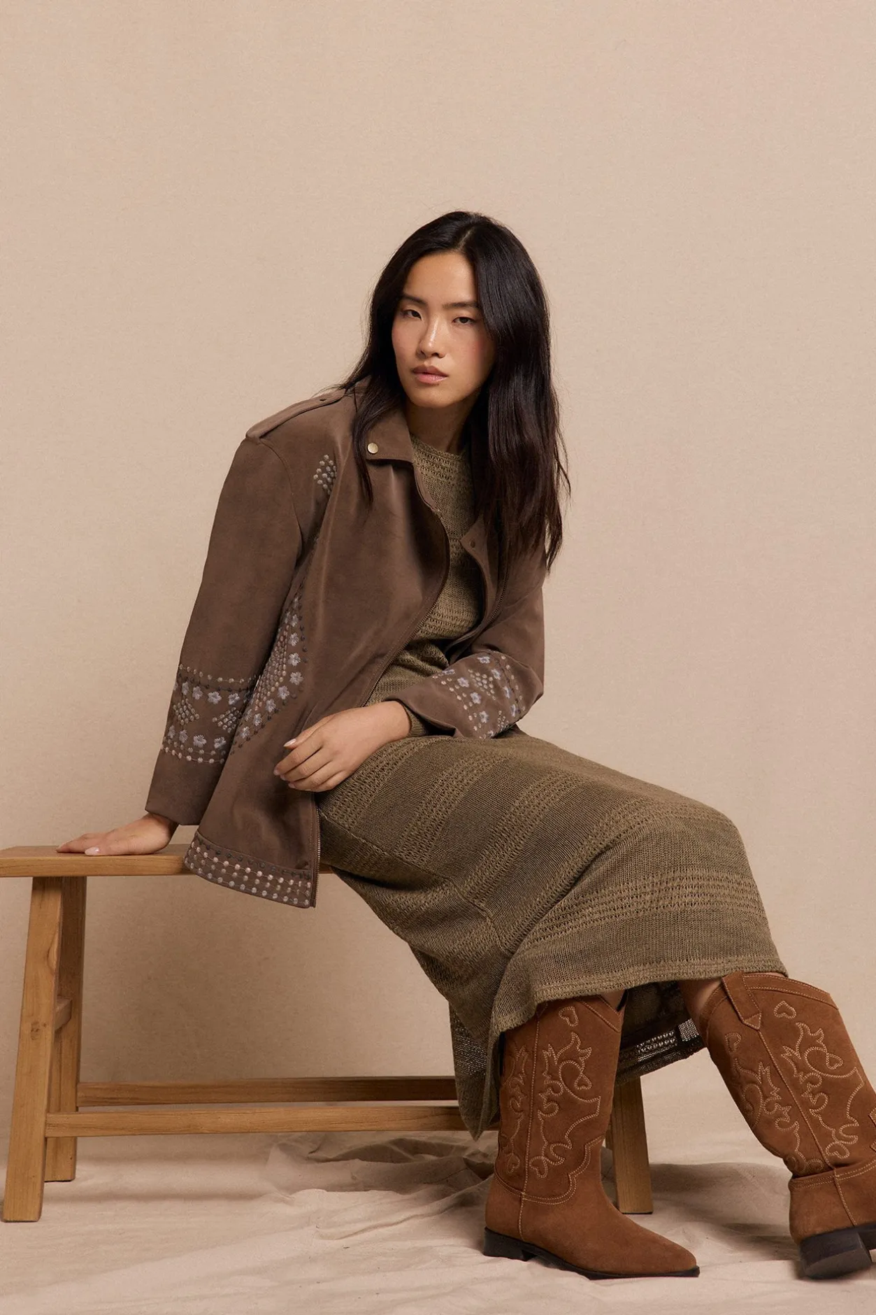 Slowlove Cazadora biker efecto piel bordada Beige Hot