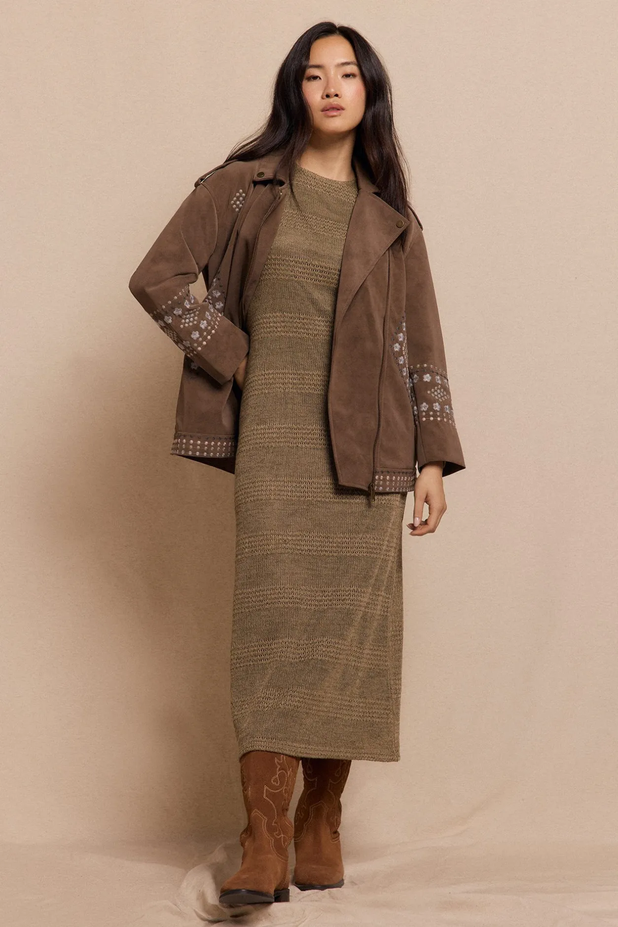 Slowlove Cazadora biker efecto piel bordada Beige Hot