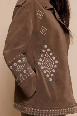 Slowlove Cazadora biker efecto piel bordada Beige Hot