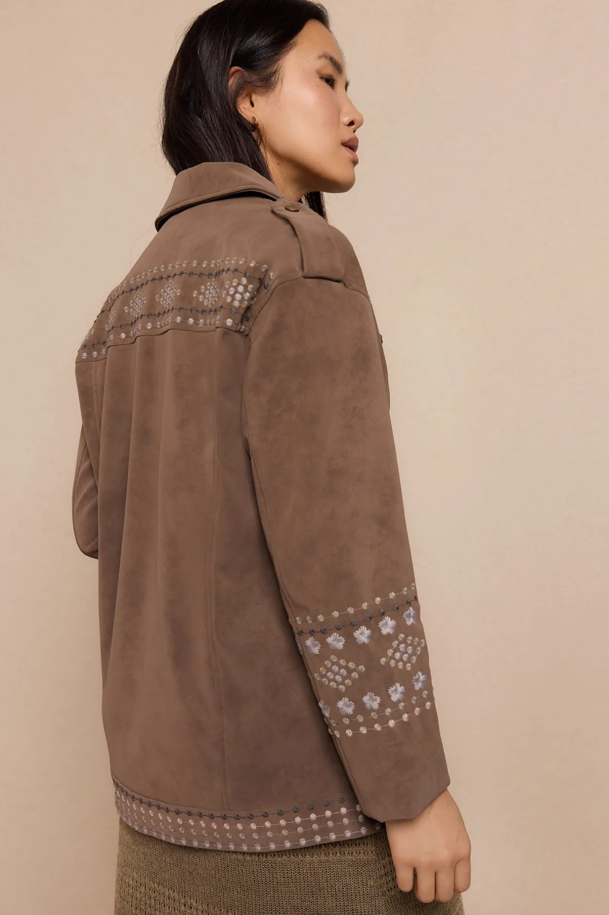 Slowlove Cazadora biker efecto piel bordada Beige Hot