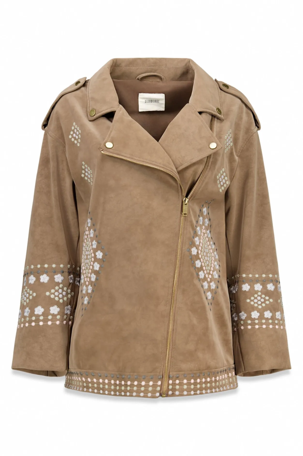 Slowlove Cazadora biker efecto piel bordada Beige Hot