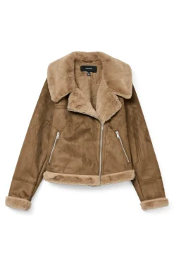Vero Moda Cazadora de mujer de terciopelo con cremallera Marr&oacute;n