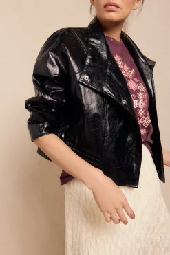 Slowlove Cazadora efecto piel brillo Negro Clearance