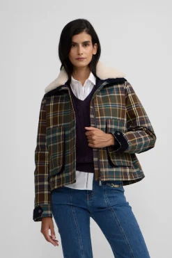 Silbon Cazadora encerada borrego cuadros Estampado verde Sale