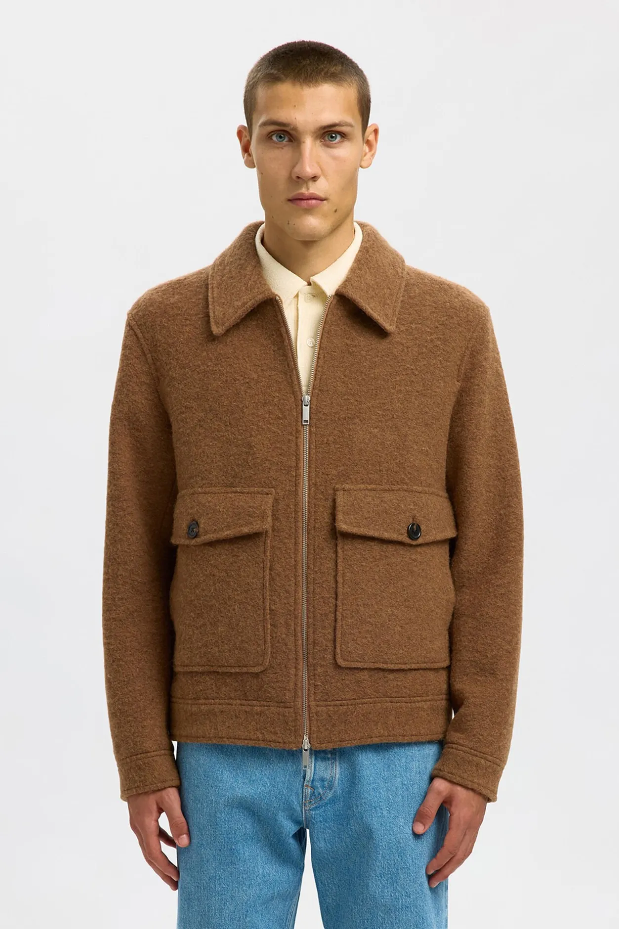 Selected Cazadora lana corta con cremallera Marr&oacute;n oscuro Clearance