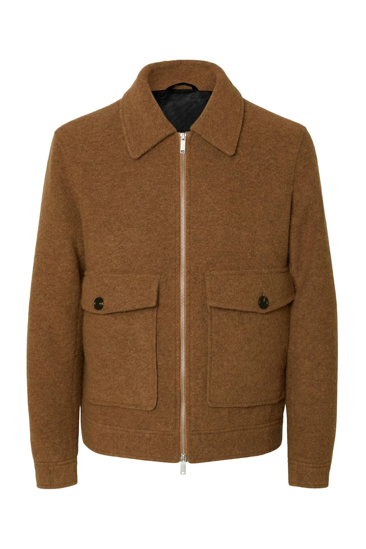 Selected Cazadora lana corta con cremallera Marr&oacute;n oscuro Clearance