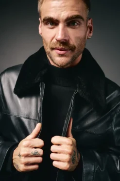 OOTO Cazadora piel cuello camisero Negro Discount