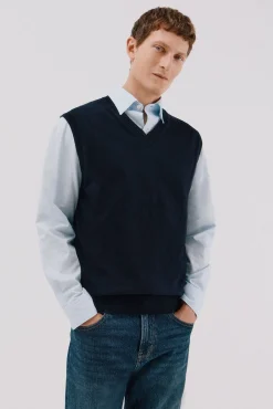 Cortefiel Chaleco punto algodón cashmere cuello pico Azul marino New