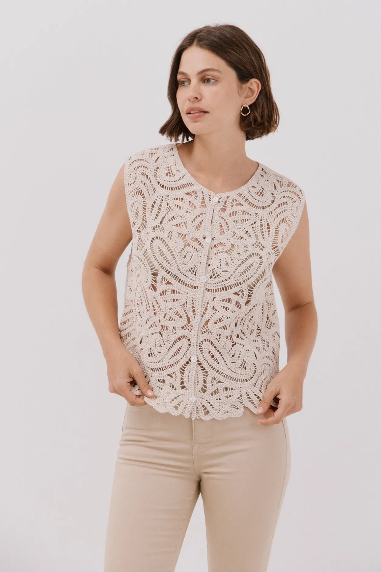 Cortefiel Chaleco tipo crochet Marfil Clearance