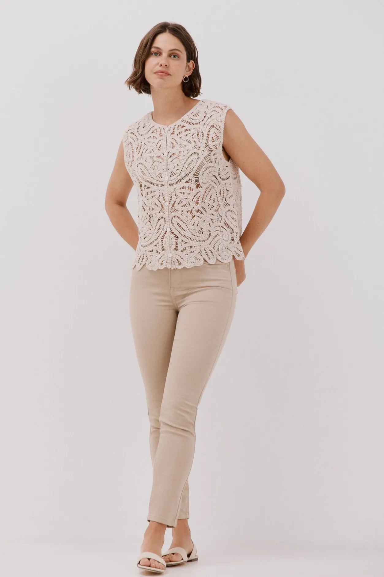 Cortefiel Chaleco tipo crochet Marfil Clearance