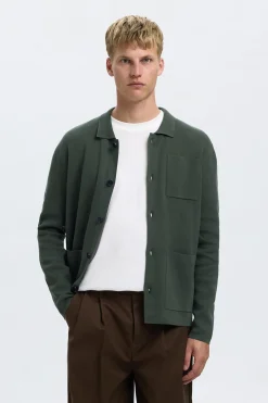 Selected Chaqueta cárdigan con bolsillos 100% algodón orgánico Verde oscuro Outlet