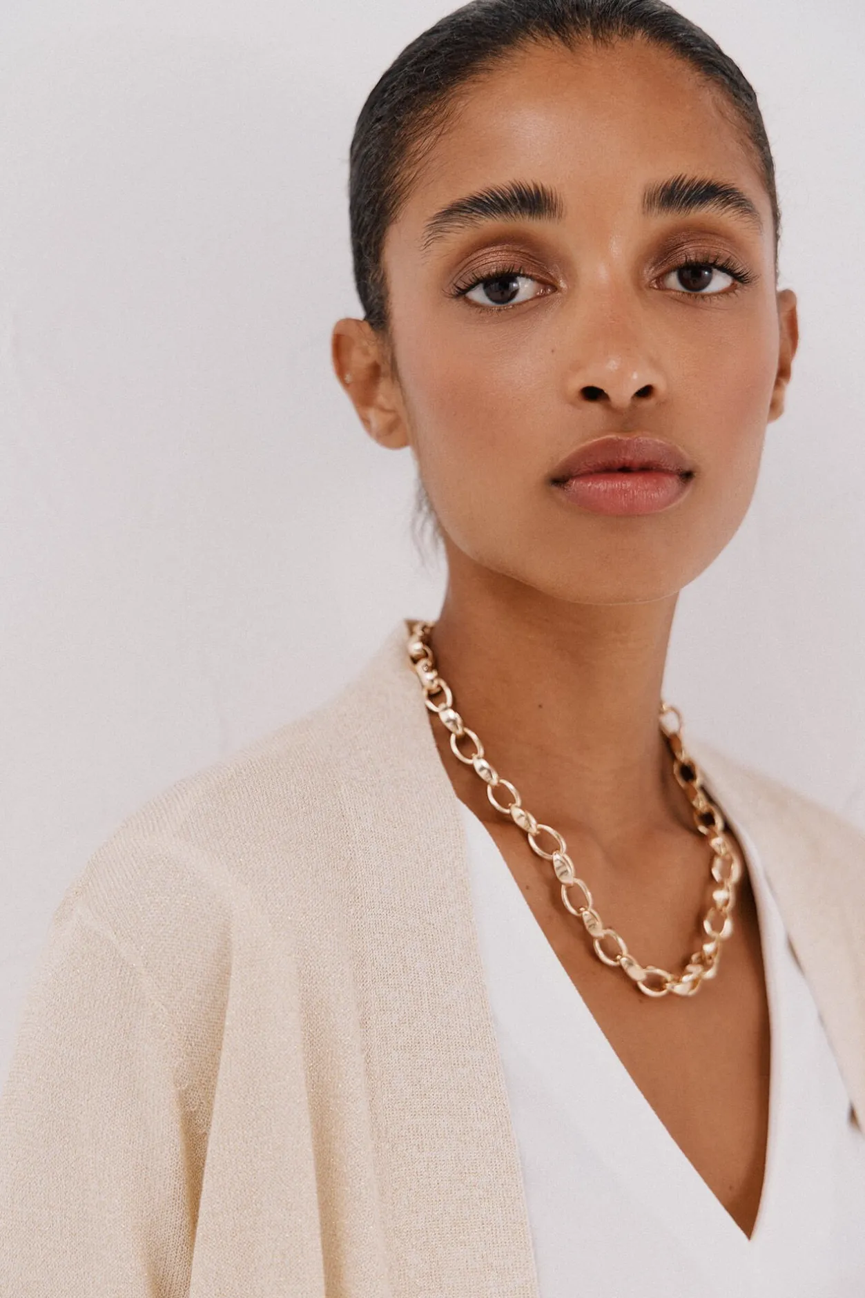 Cortefiel Chaqueta larga lurex Beige Online