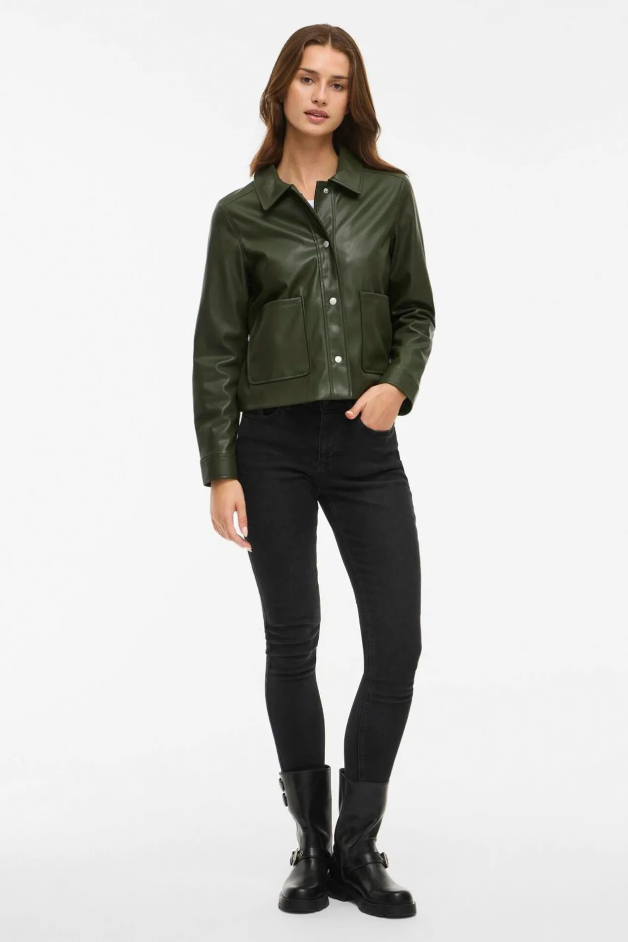 Vila Chaqueta polipiel abotonada Kaki Sale