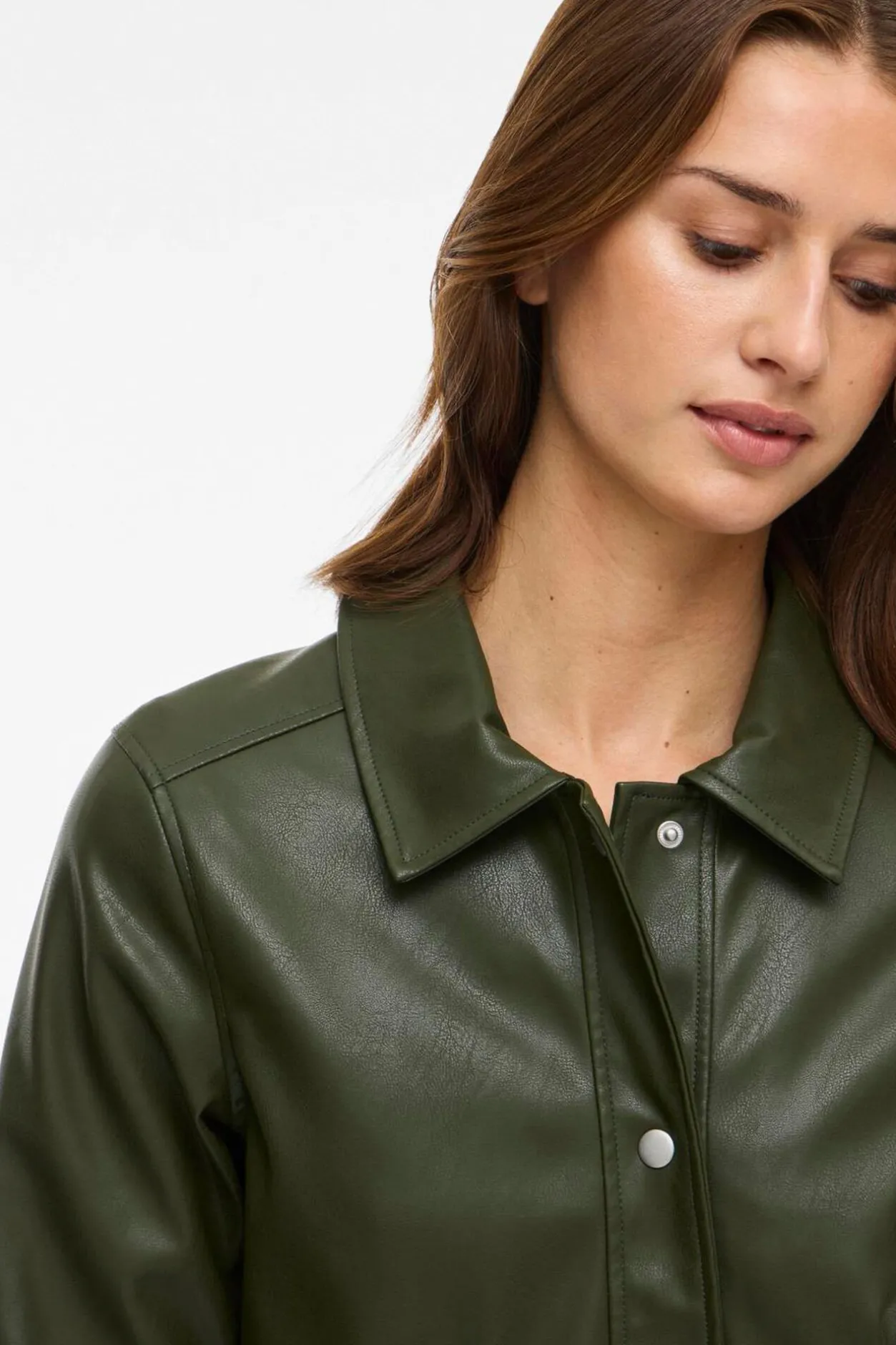 Vila Chaqueta polipiel abotonada Kaki Sale