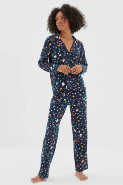 Trendyol Conjunto pijama camisero Navidad azul Clearance