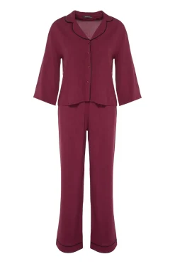 Trendyol Conjunto pijama camisero viscosa ribetes burdeos Hot