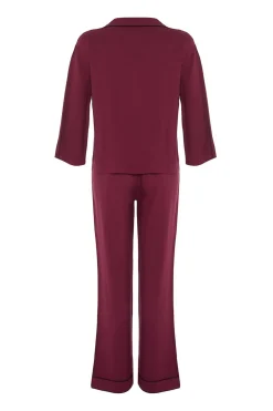 Trendyol Conjunto pijama camisero viscosa ribetes burdeos Hot