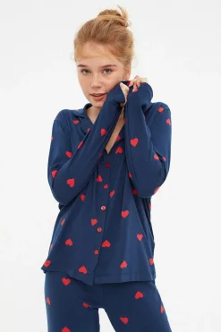 Trendyol Conjunto pijama camisero corazones azul Online
