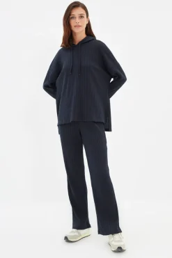 Trendyol Conjunto pijama canalé con capucha azul