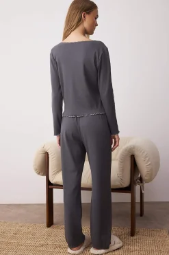 Trendyol Conjunto pijama canalé detalle lazos gris Outlet